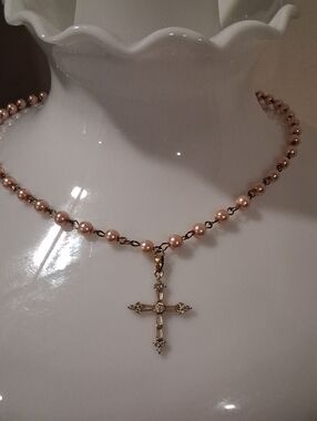 Pink Pearl Bead Necklace with Gold Cross Pendant